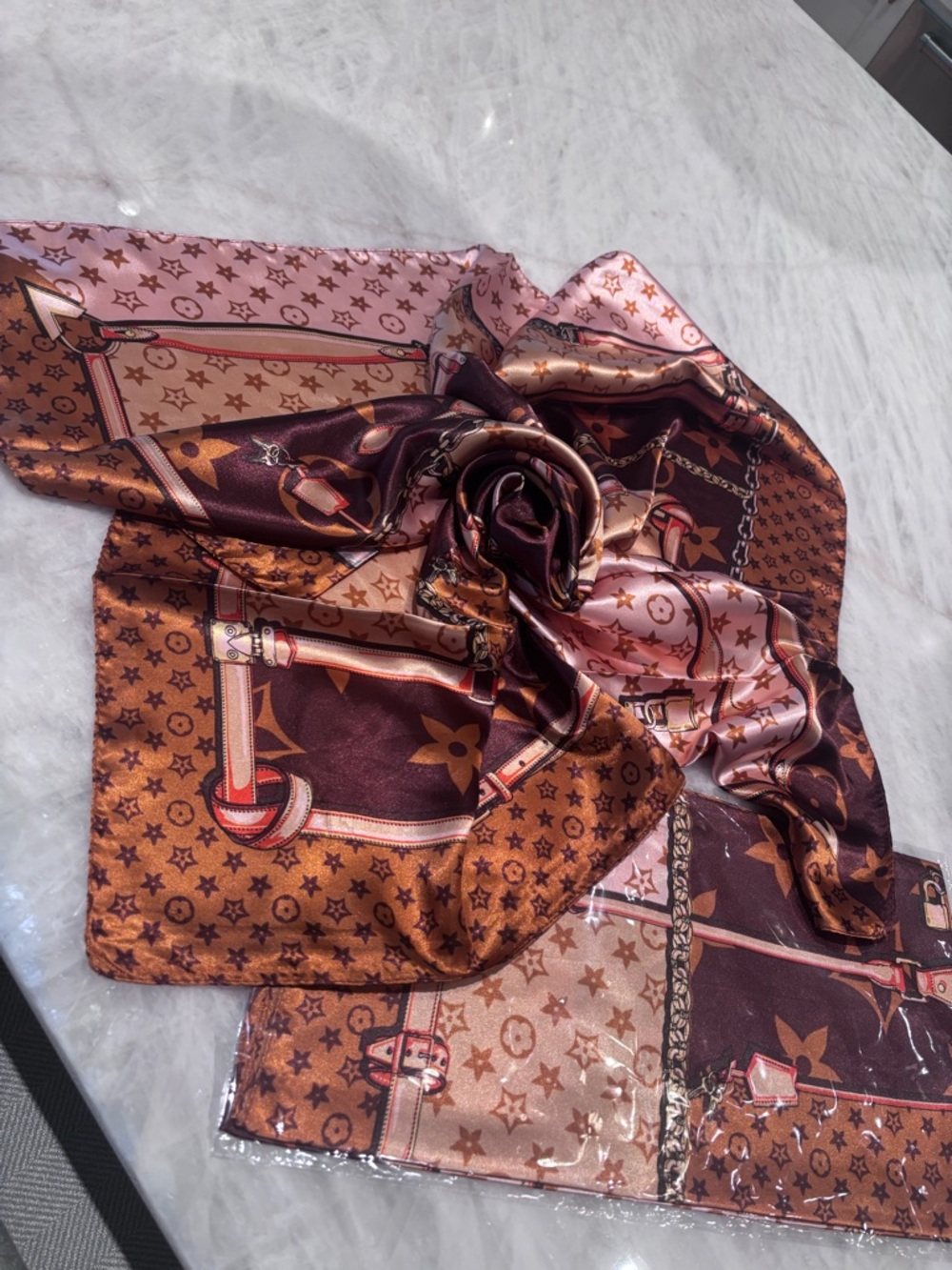 Luxury Brown Patterned Silk Headscarf - Picture 11 of 12